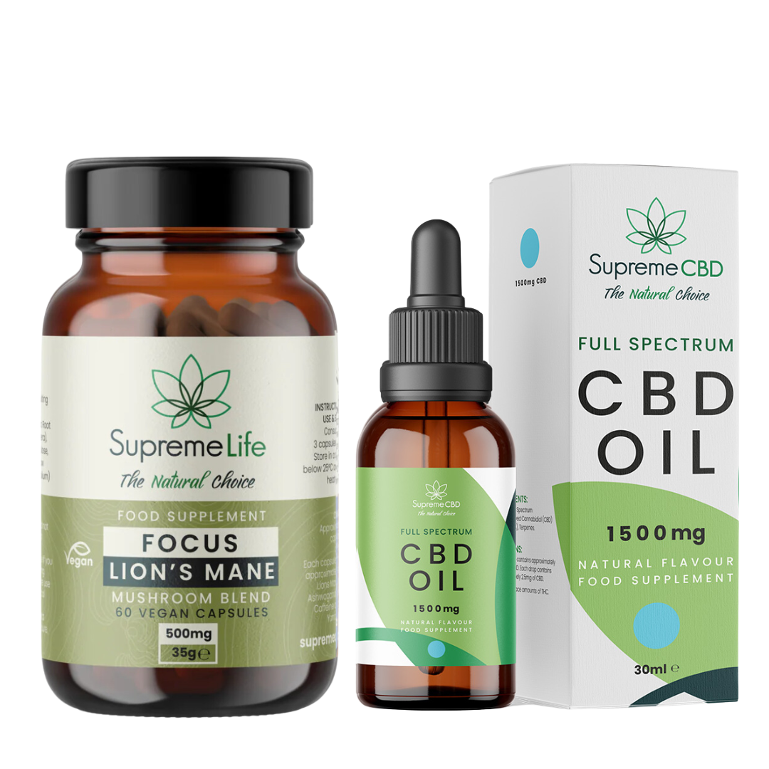 SupremeLife Focus Lion's Mane supplement bottle, CBD oil dropper, and Supreme CBD Full Spectrum CBD Oil packaging on a white background.