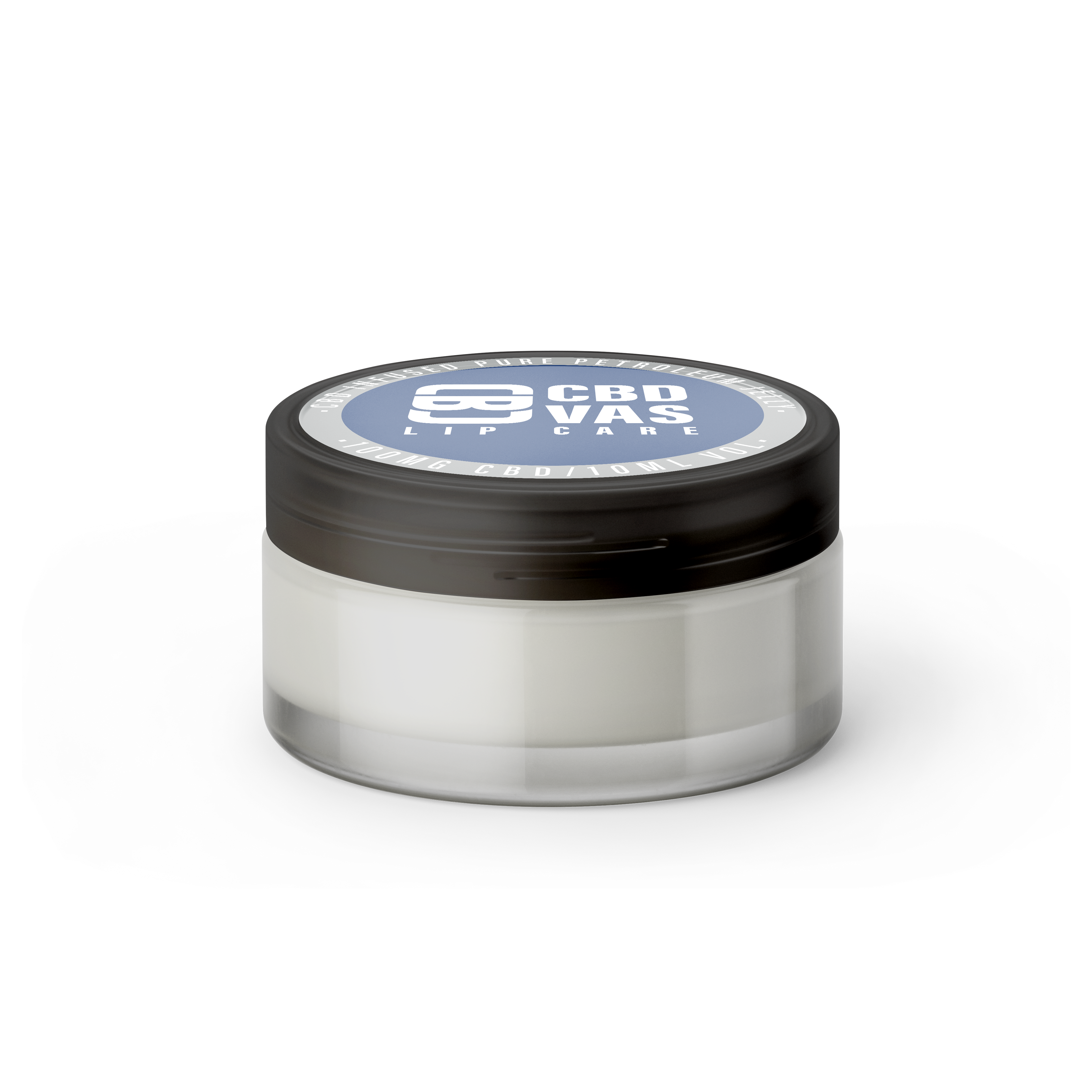 Silver container with black lid featuring 'CBD VAS' branding on a white background