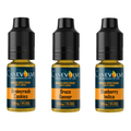 Three bottles of Canevolve CBD e-liquid with different flavors on a white background.