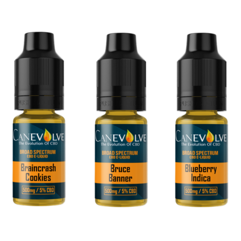 Three bottles of Canevolve CBD e-liquid with different flavors on a white background.