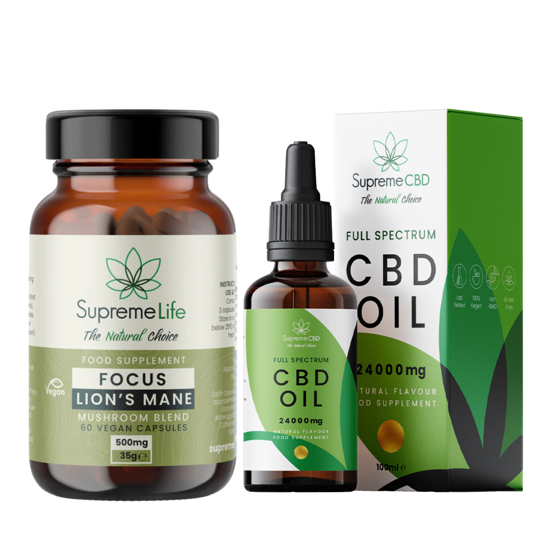 Supreme Life Power Cordyceps supplement bottle and Supreme CBD CBD Oil bottle with packaging on a white background