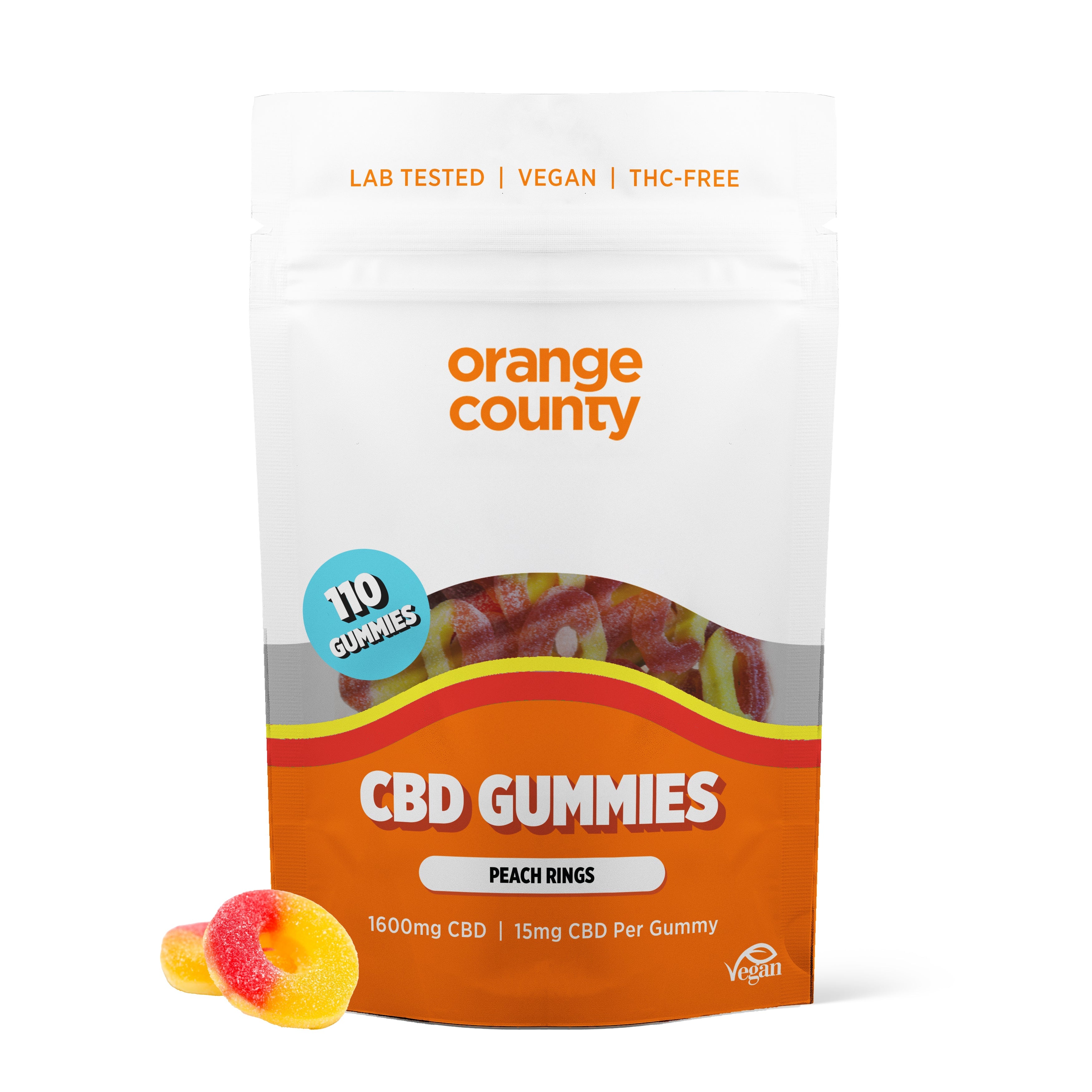 Packaging of Orange County CBD Gummies with a gummy bear in front on a white background