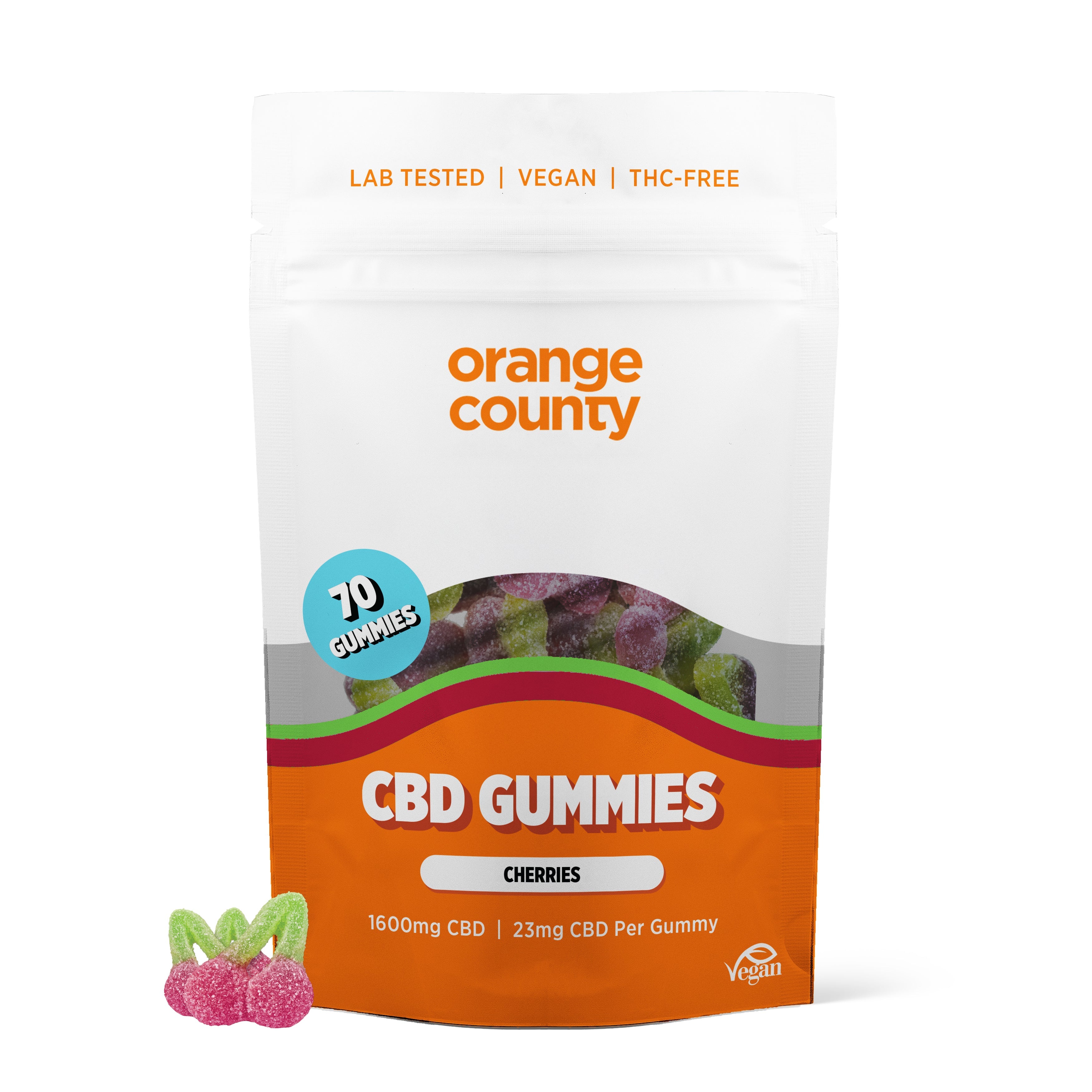 Packaging of Orange County CBD Gummies with cherry flavor on a white background