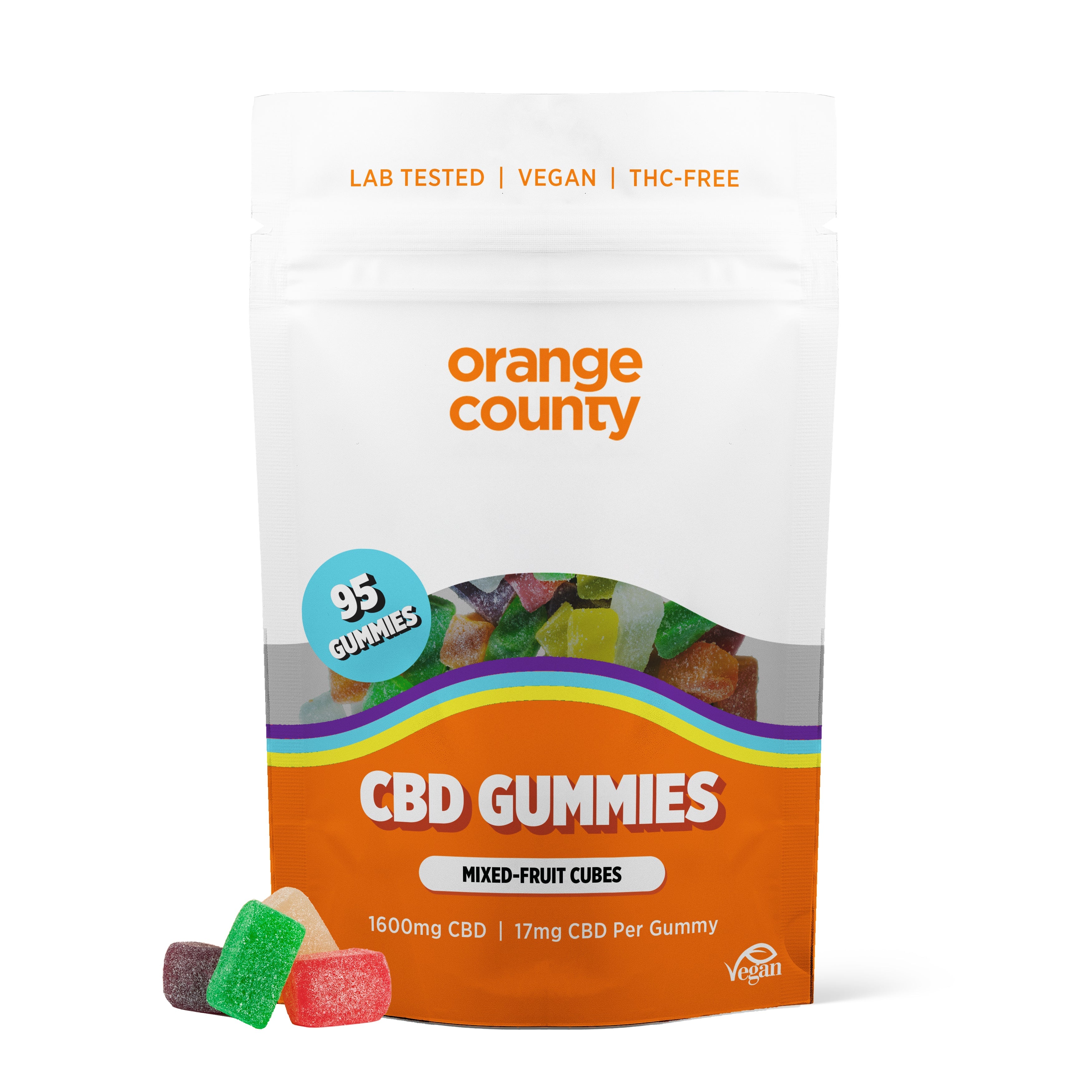 Packaging of Orange County CBD Gummies with colorful gummies on a white background