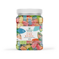 Jar of CBD Bears with colorful gummy bears on a white background