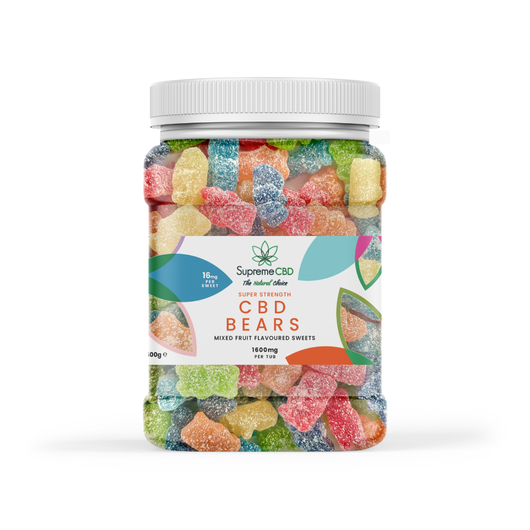 Jar of CBD Bears with colorful gummy bears on a white background
