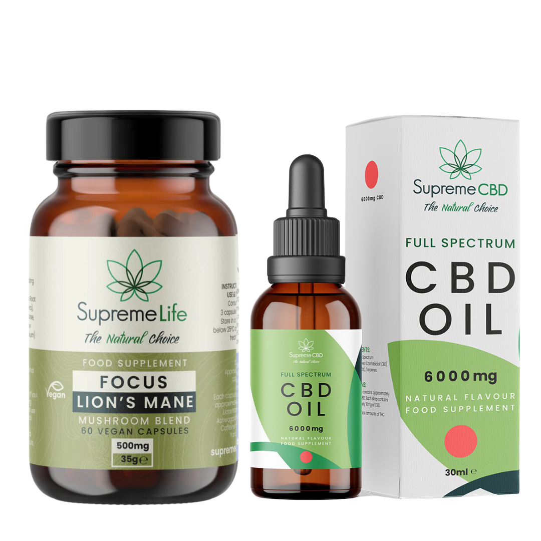 Supreme Life Focus Lion's Mane supplement, CBD oil bottle, and Supreme CBD Full Spectrum CBD Oil packaging on a white background.