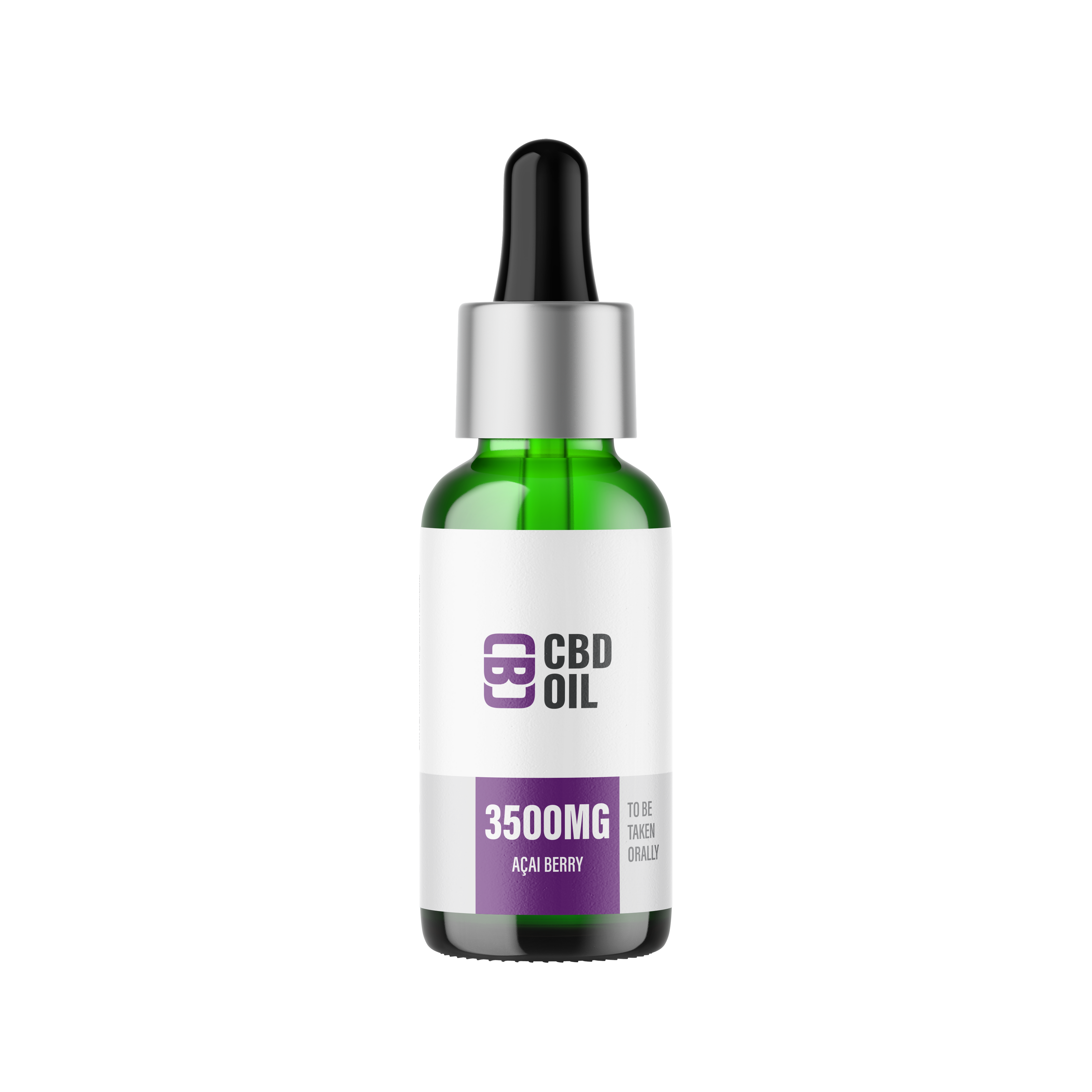 CBD oil dropper bottle with green label on a white background