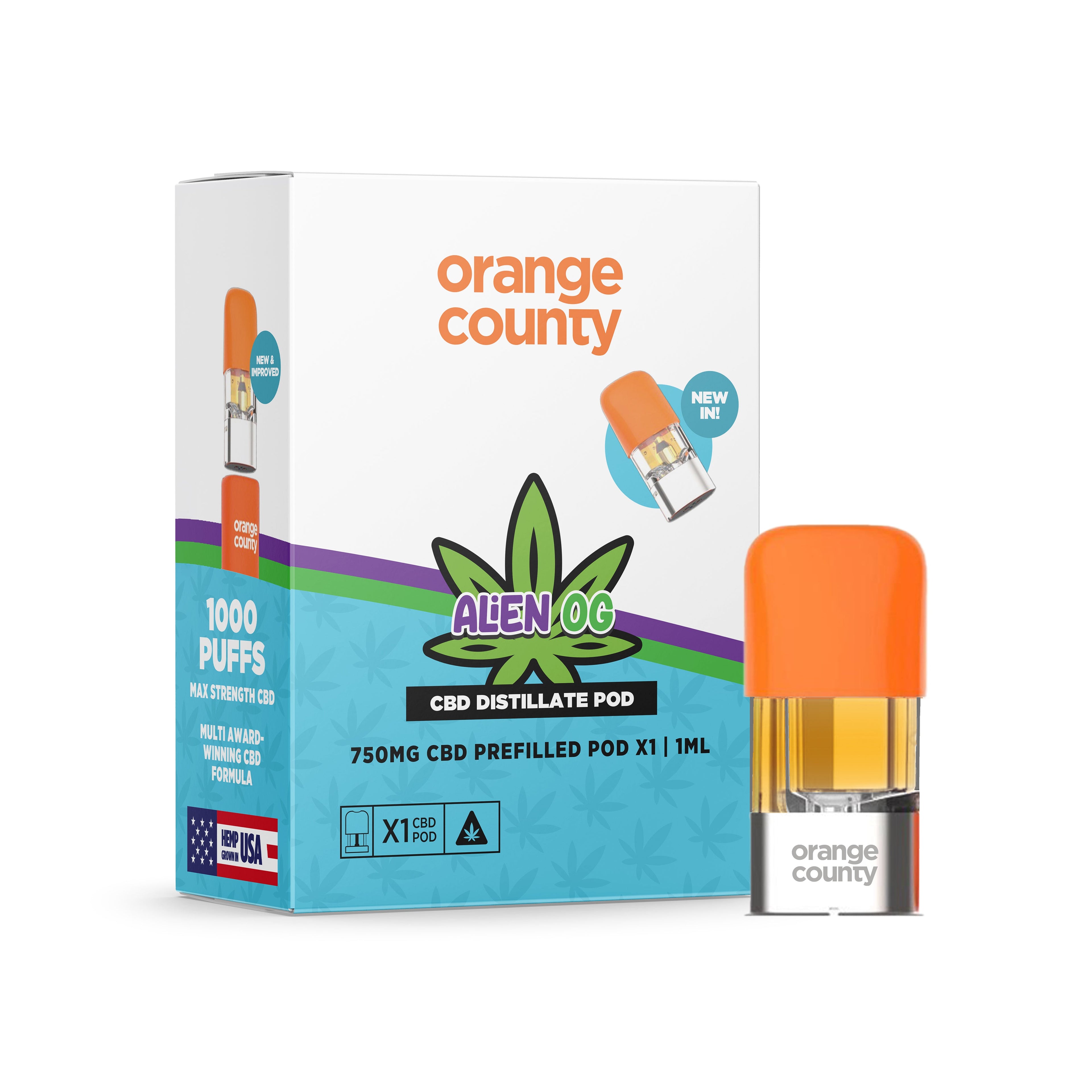 Orange County CBD distillate pod packaging with a vape cartridge on a white background