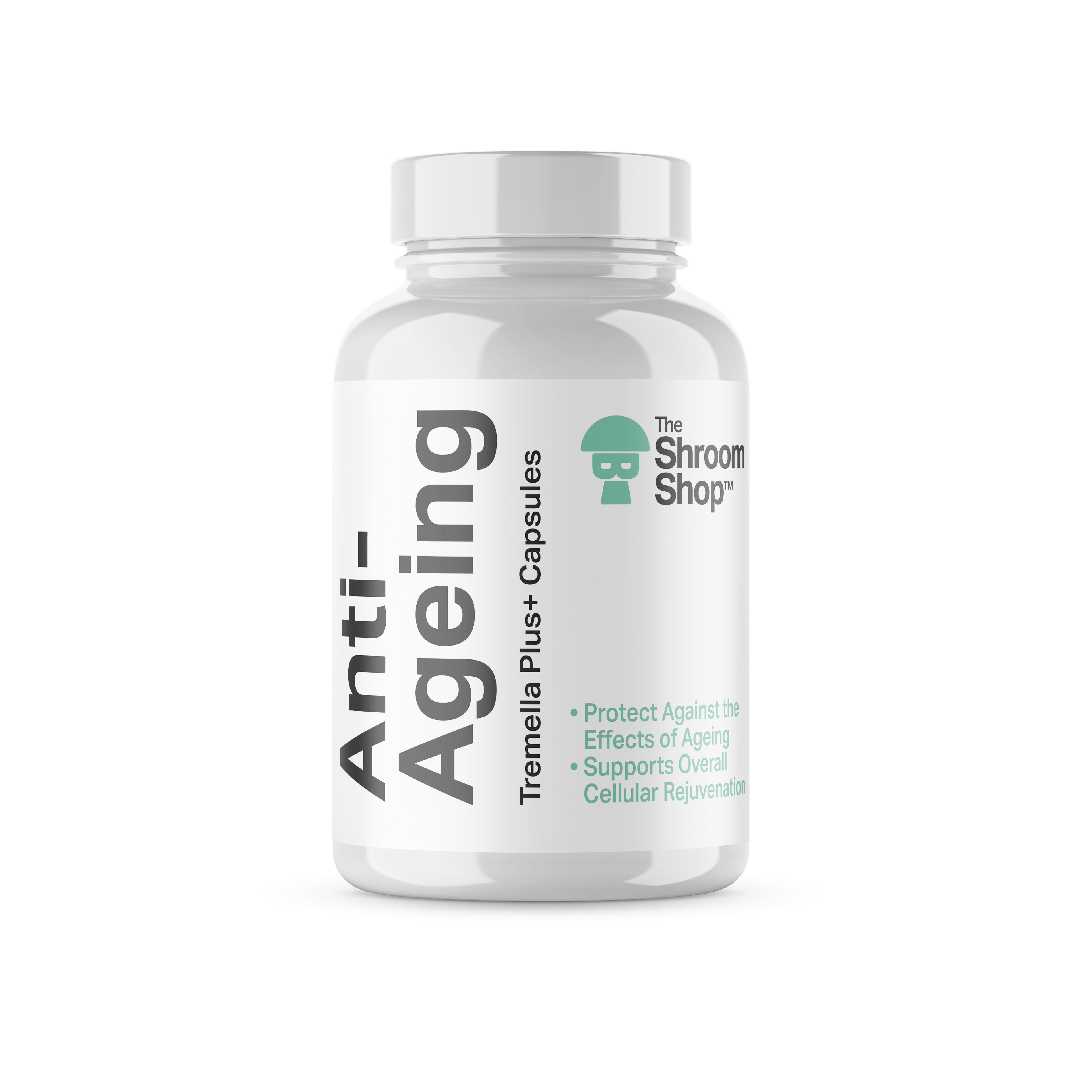 White supplement bottle labeled 'Anti-Ageing' from The Shroom Shop on a white background