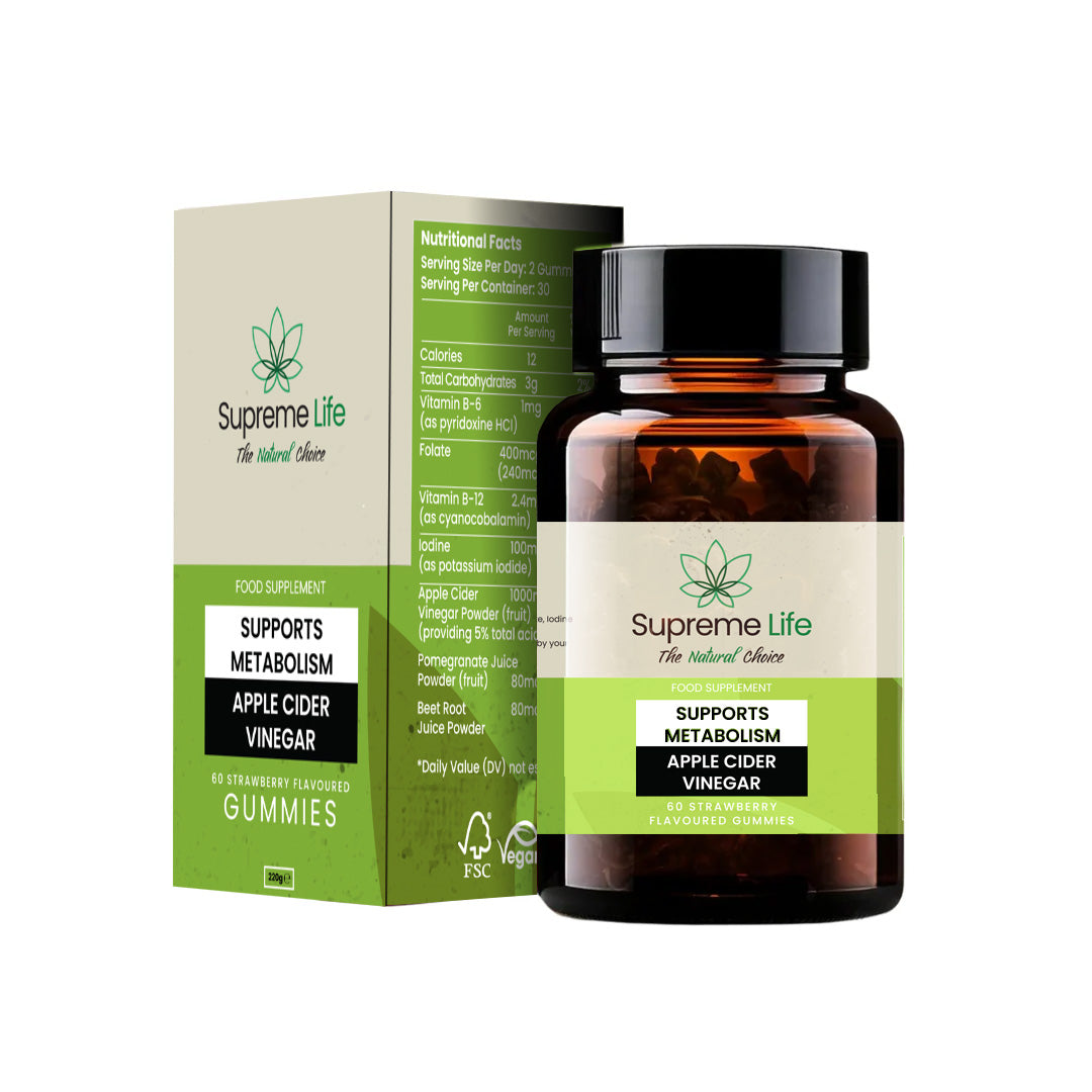 Supreme Life apple cider vinegar supplement bottle and packaging on a white background