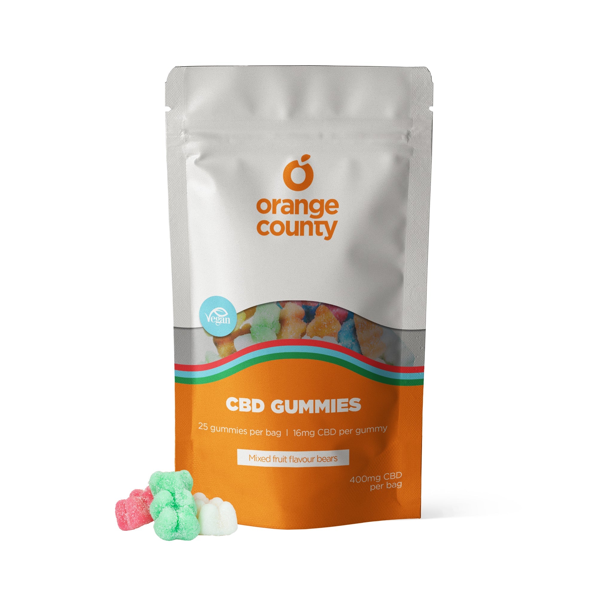 Orange County CBD Gummies packaging with gummies in front on a white background