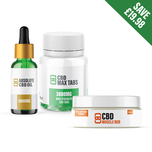 Three CBD products including a bottle, tablets, and cream on a white background with a promotional banner.