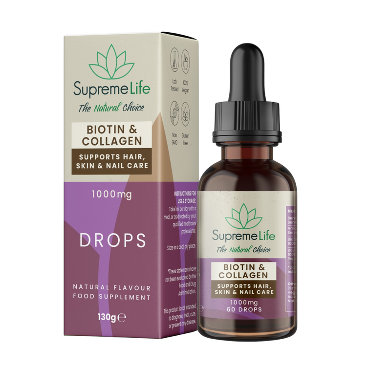 Supreme Life Biotin & Collagen supplement bottle and packaging on a white background