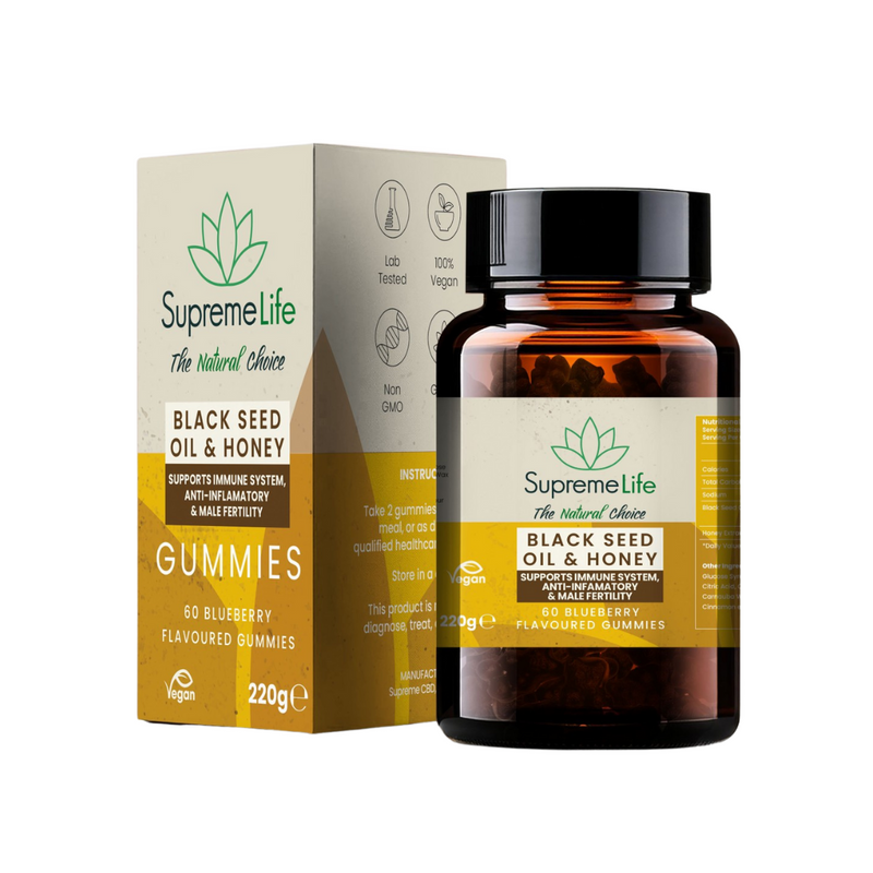 Supreme Life Black Seed Oil & Honey Gummies packaging and bottle on a white background