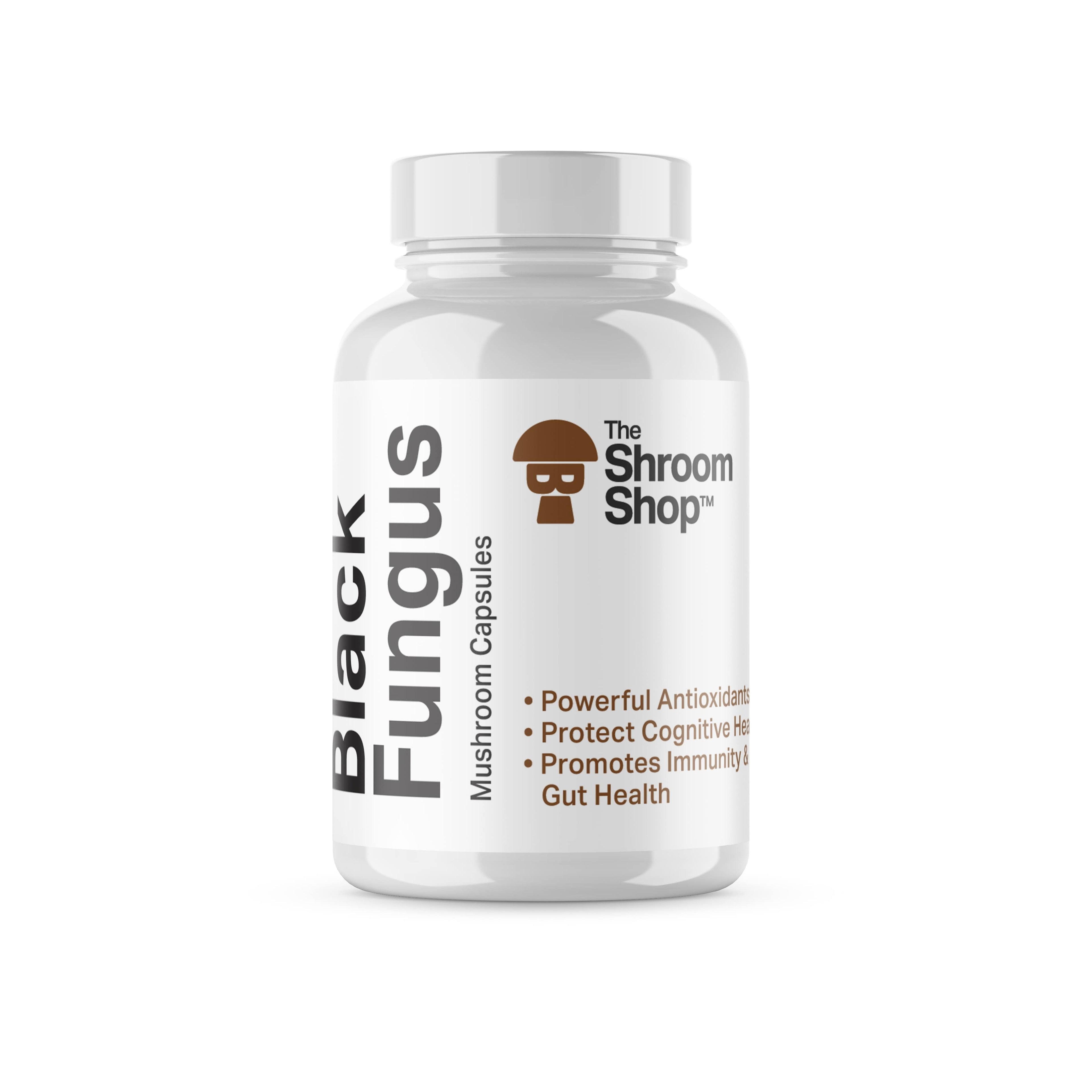 Bottle of Black Fungus mushroom capsules from The Shroom Shop on a white background