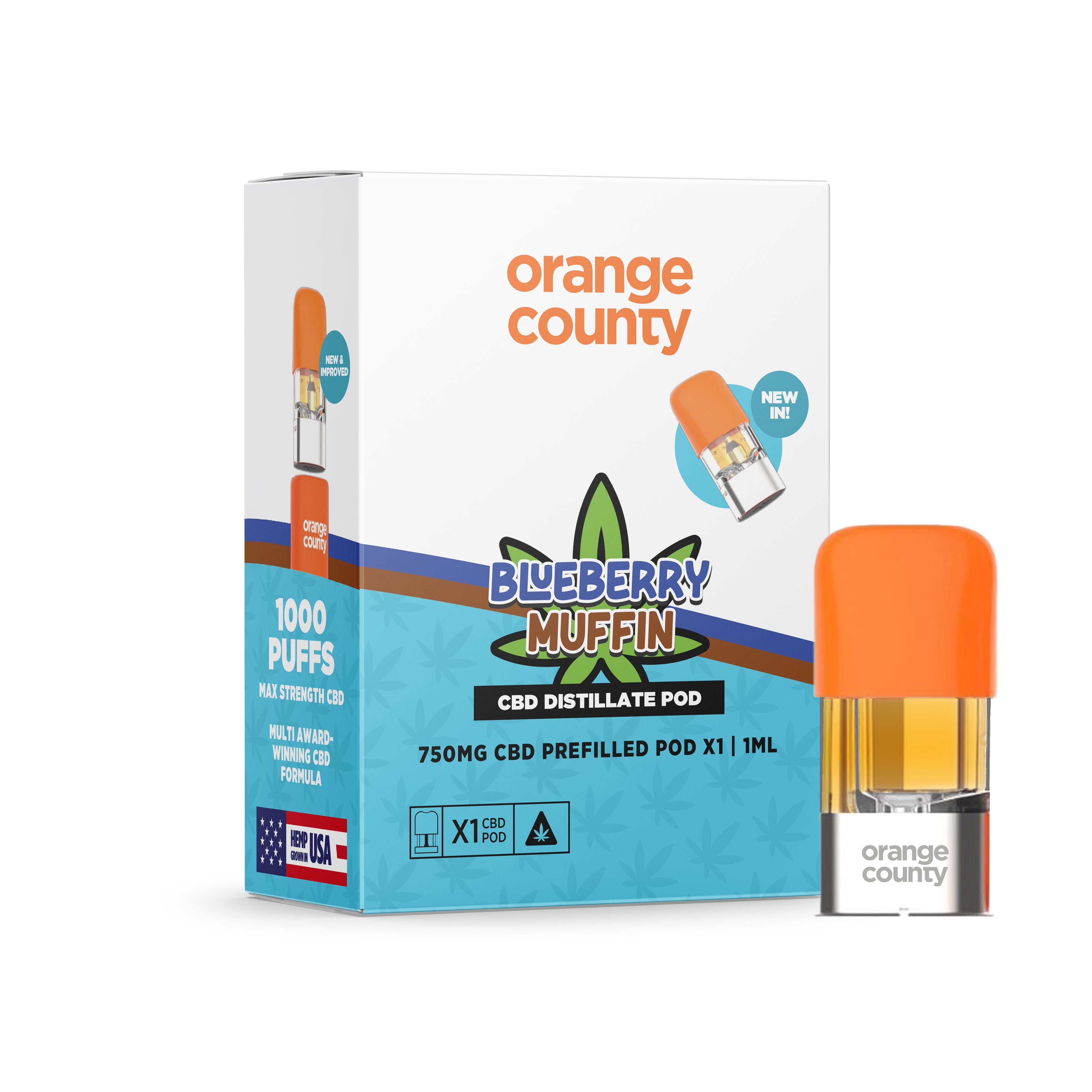 Orange County CBD distillate pod and packaging on a white background