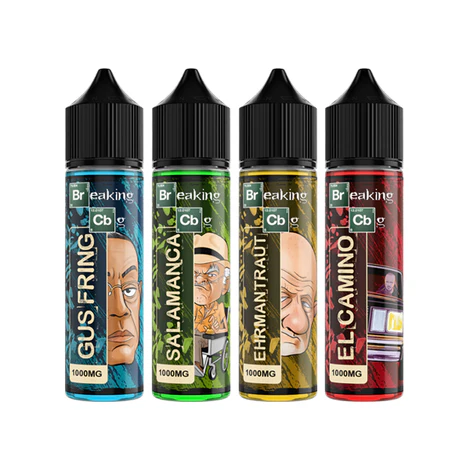 Bottles on Breaking CBG E-Liquid on a white background