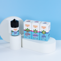Orange County CBD products including a bottle and boxes on a white platform with a blue background