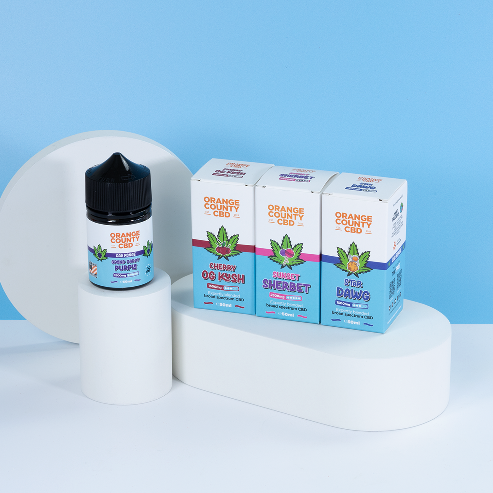 Orange County CBD products including a bottle and boxes on a white platform with a blue background