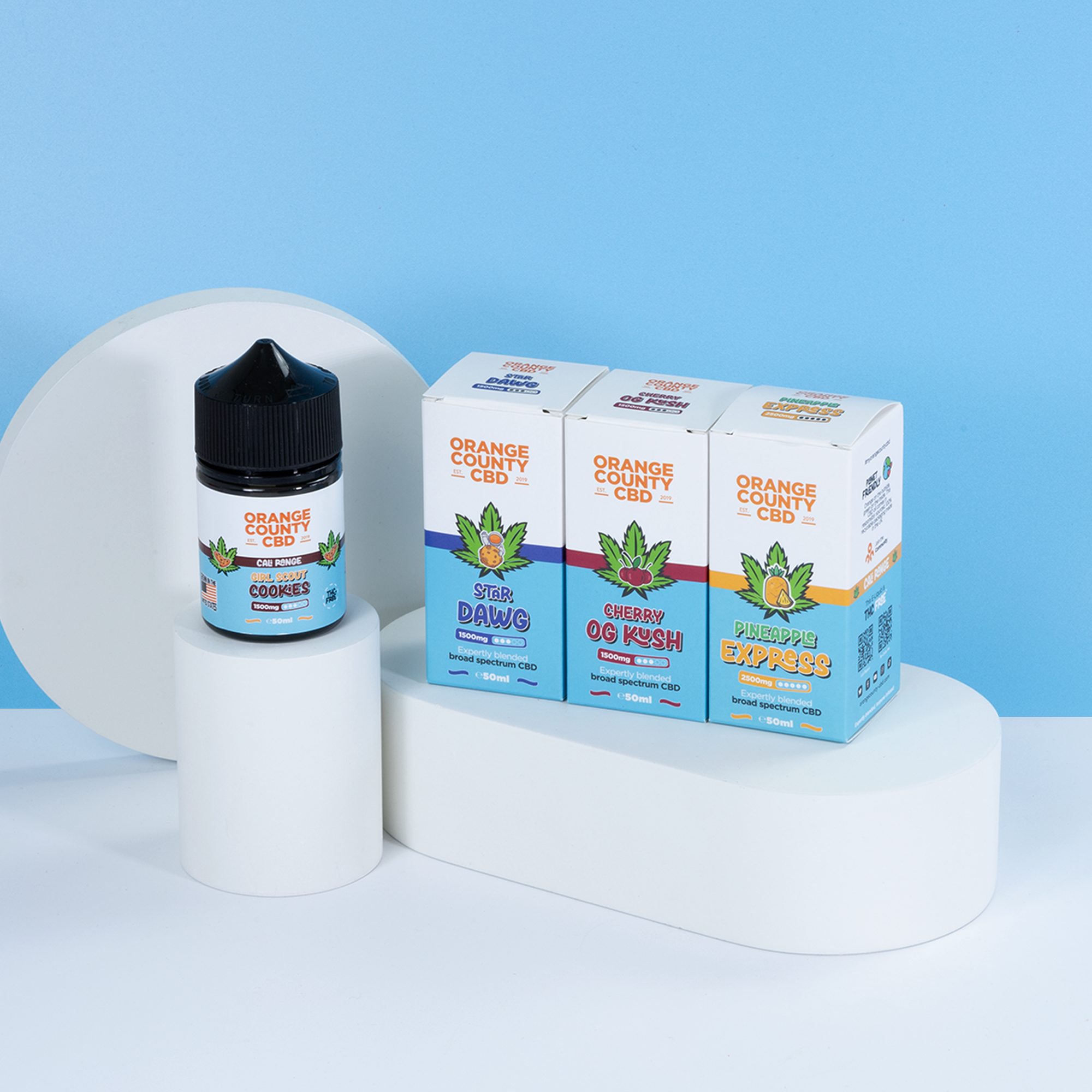 Orange County CBD product packaging on a white platform with a blue background