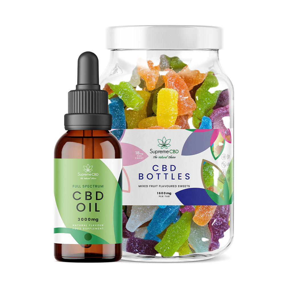 CBD oil dropper and jar of CBD gummies on a white background