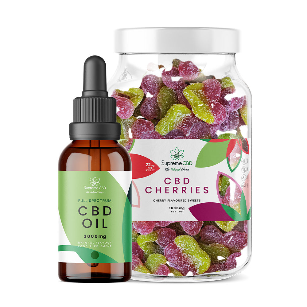 CBD oil dropper and jar of CBD cherries on a white background