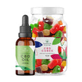 CBD oil dropper and jar of CBD gummies on a white background