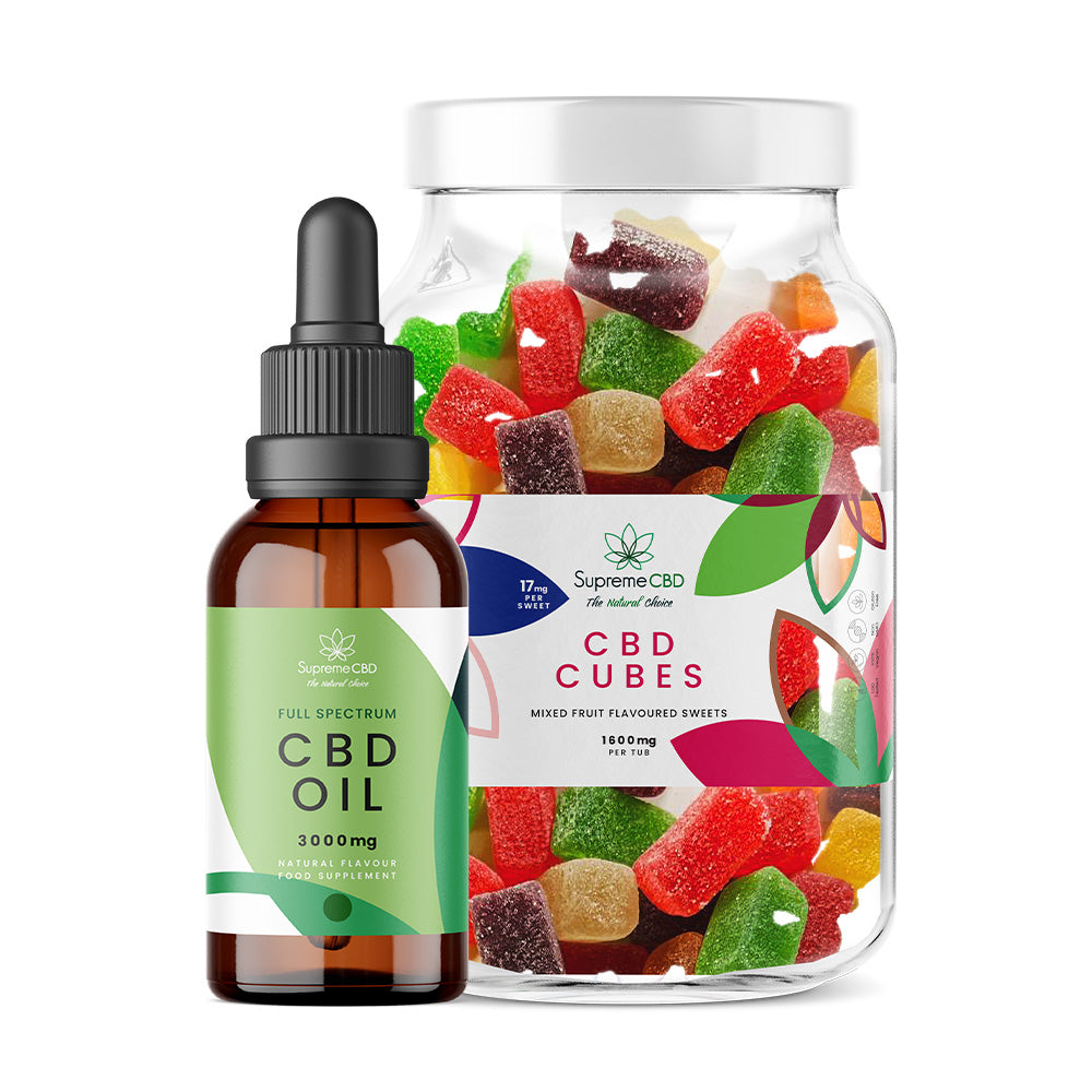 CBD oil dropper and jar of CBD gummies on a white background