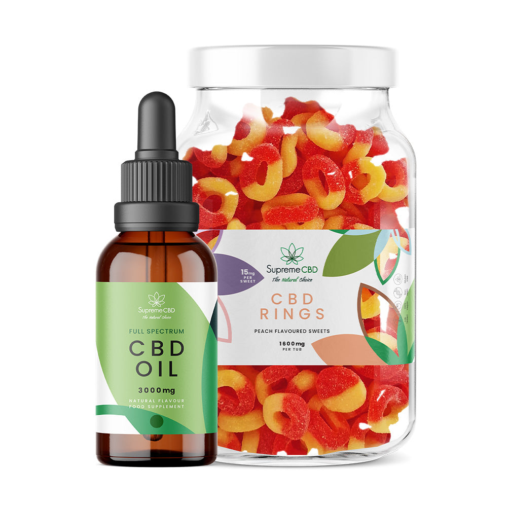 CBD oil dropper and jar of CBD gummy rings on a white background