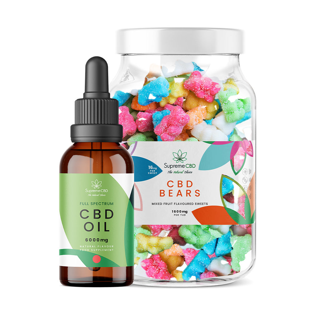 CBD oil dropper and jar of CBD gummies on a white background