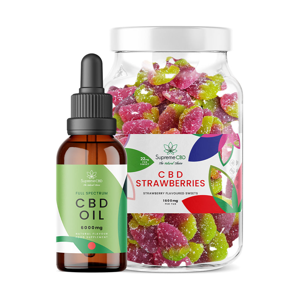 CBD oil dropper and jar of CBD strawberry gummies on a white background