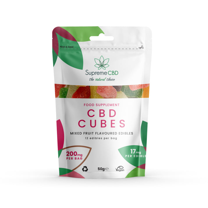 Supreme CBD CBD Cubes packaging with fruit illustrations on a white background