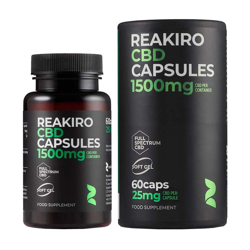 Two containers of Reakiro CBD capsules on a white background