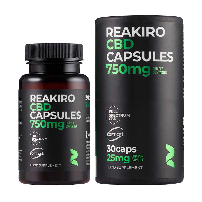 Two bottles of Reakiro CBD capsules on a white background