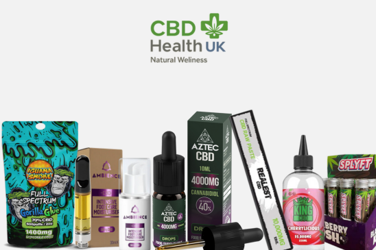 Collection of CBD products with 'CBD Health UK' branding on a white background