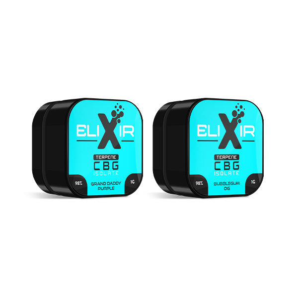Two blue and black containers labeled 'Elixir' on a white background