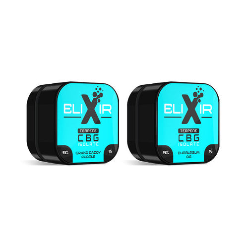 Two blue and black containers labeled 'Elixir' on a white background