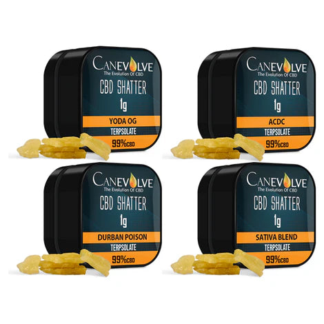 Four tins of Canevolve CBD Shatter with different strains on a white background