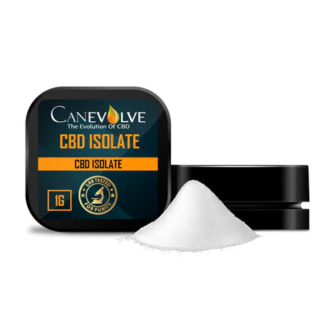 Canevolve CBD Isolate packaging with white powder on a white background