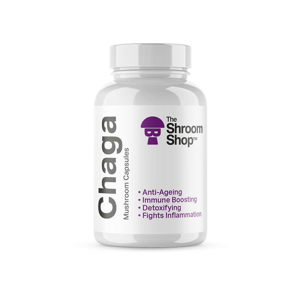Bottle of Chaga mushroom capsules from The Shroom Shop on a white background