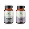 Two bottles of Supreme Life mushroom blends on a white background