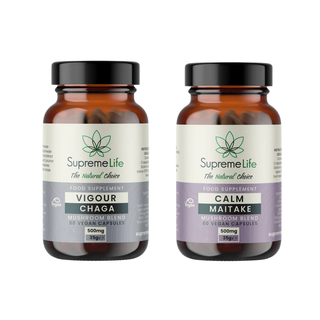 Two bottles of Supreme Life mushroom blends on a white background