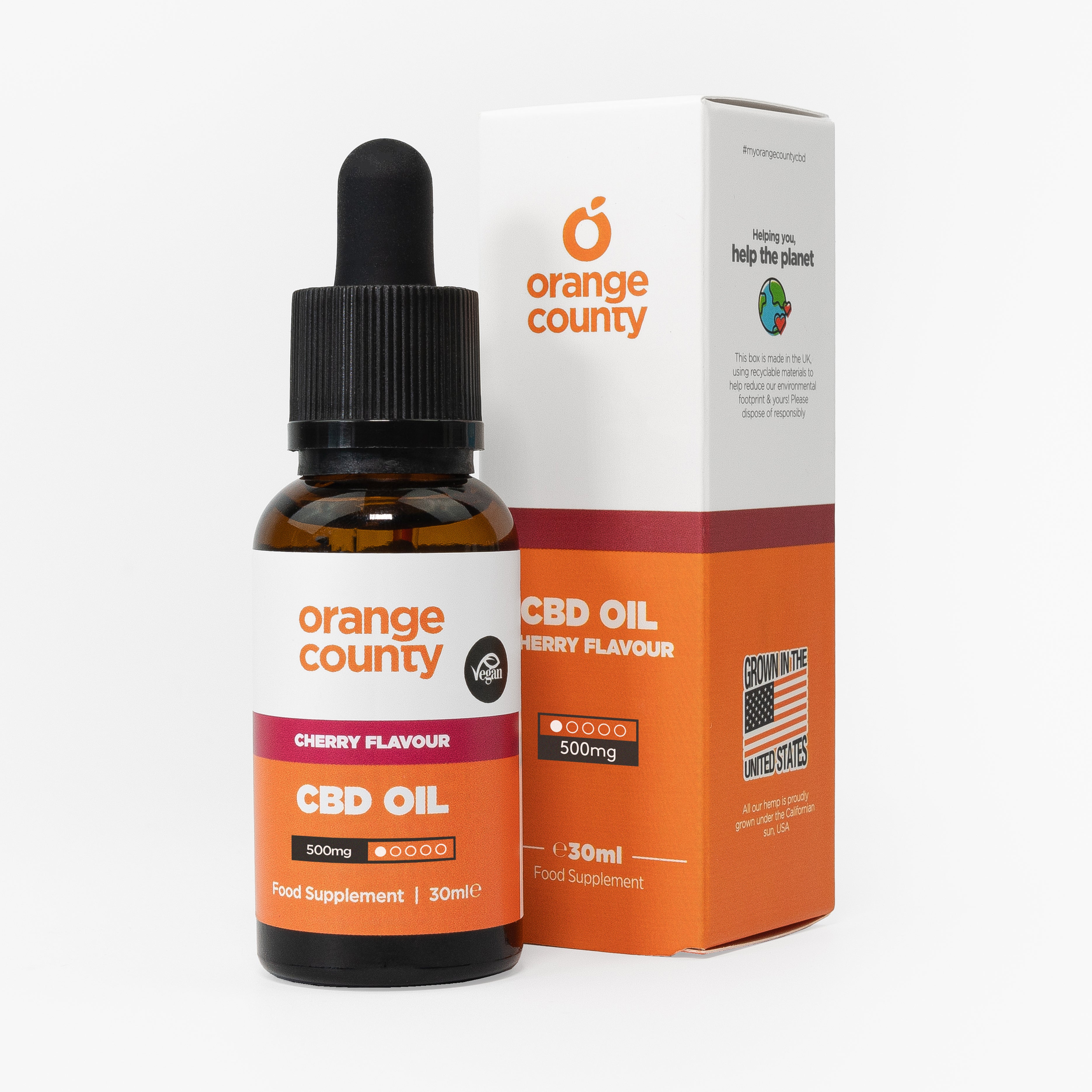 Orange County CBD Oil bottle and packaging on a white background