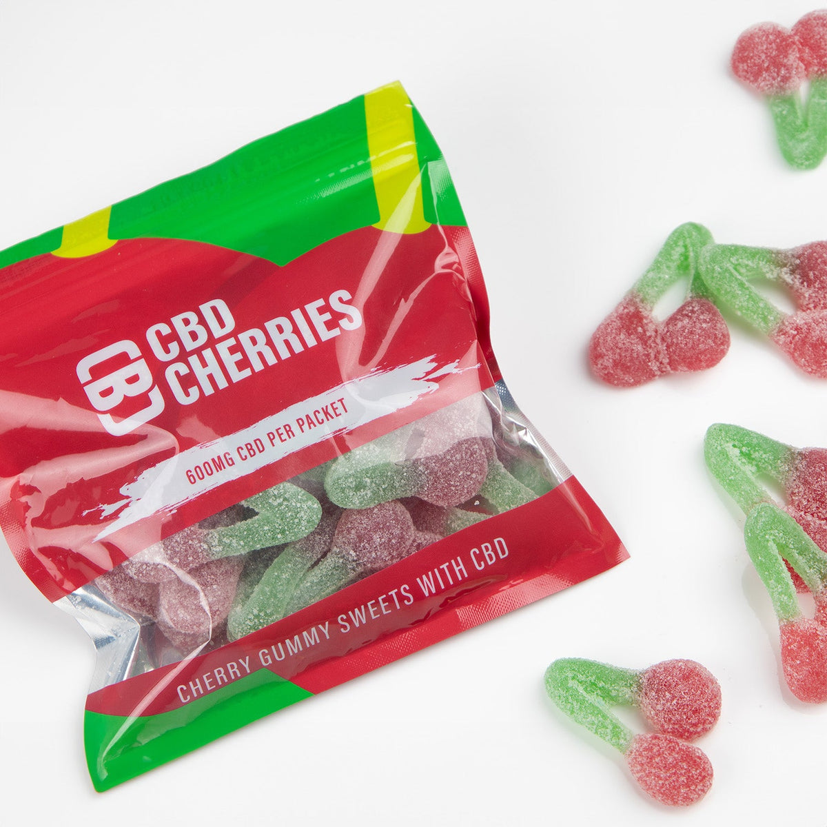 CBD Cherries gummy candy package with cherry-shaped gummies on a white background