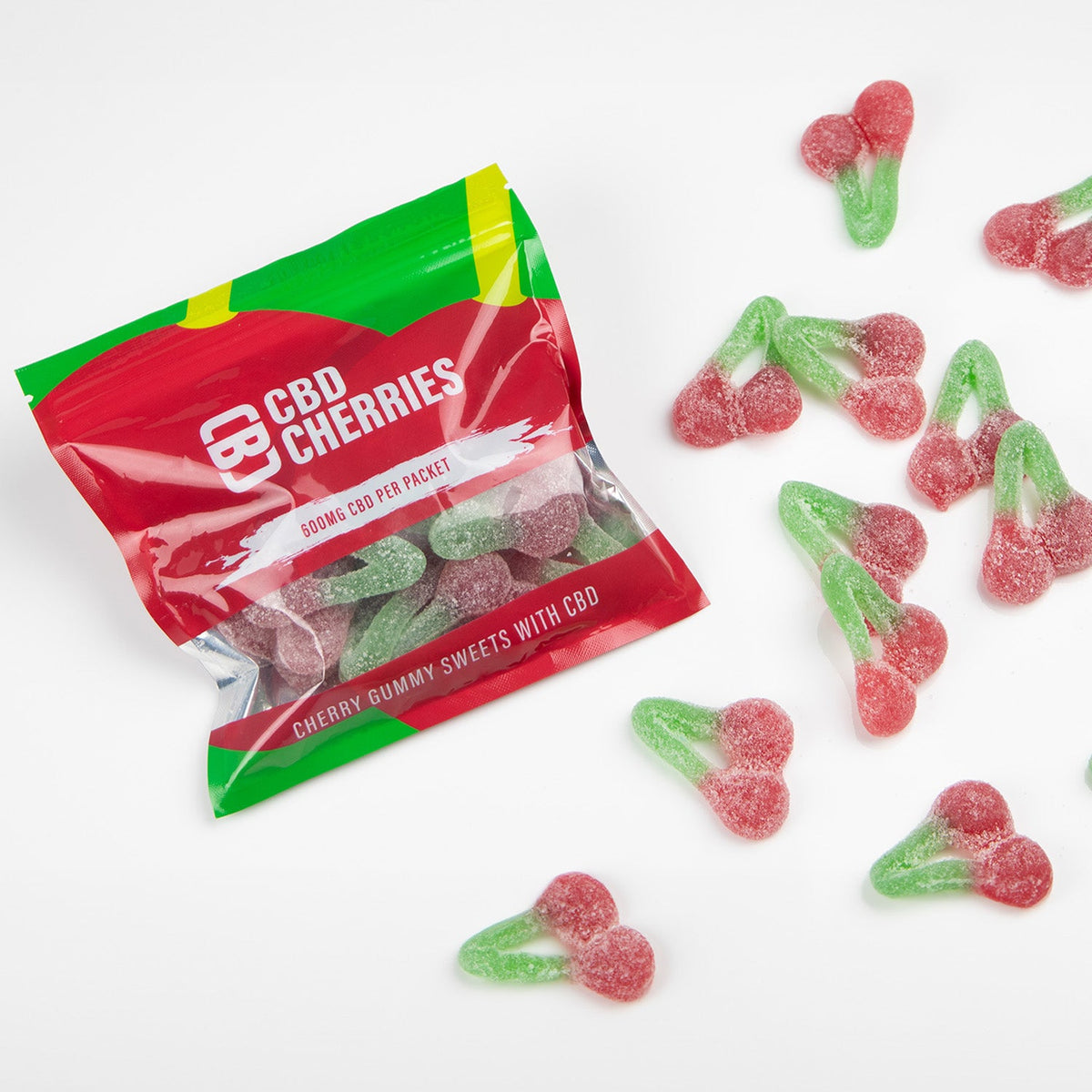 CBD Cherries packaging with gummy cherries on a white background