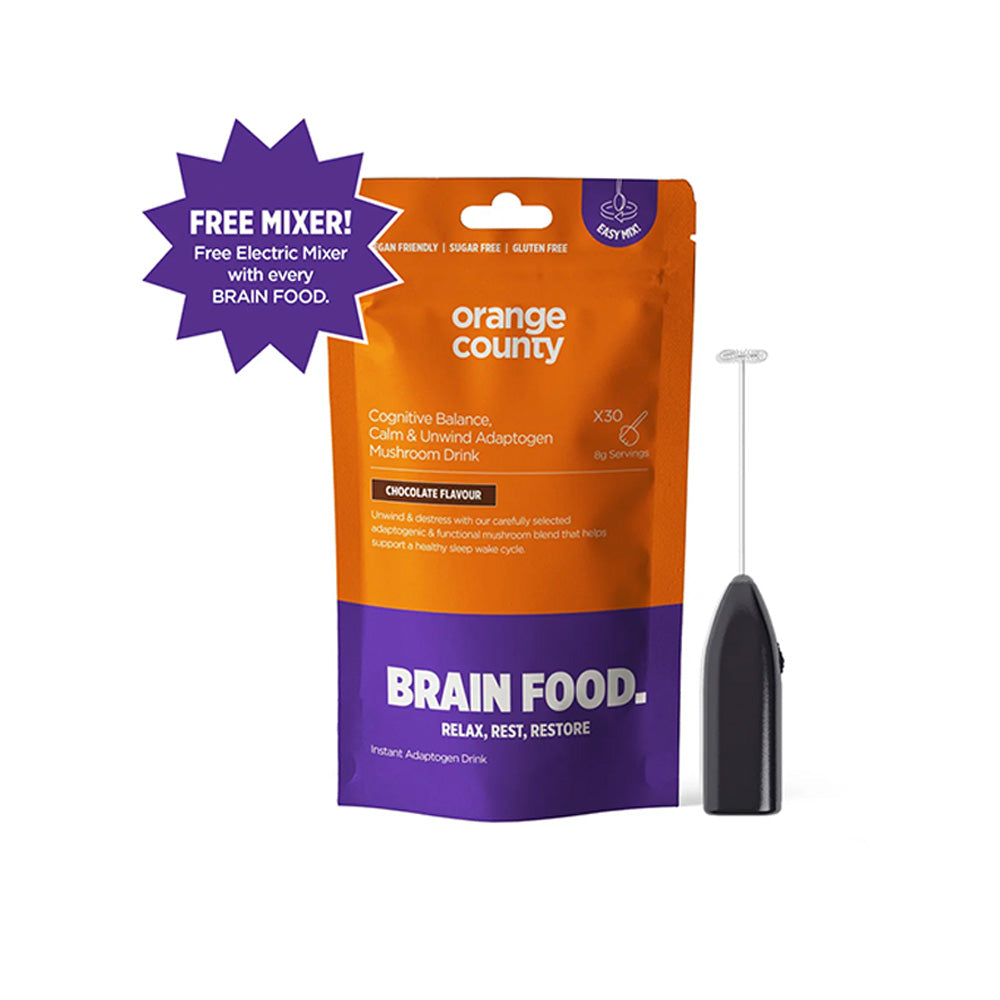 Orange County Brain Food package with a free mixer on a white background