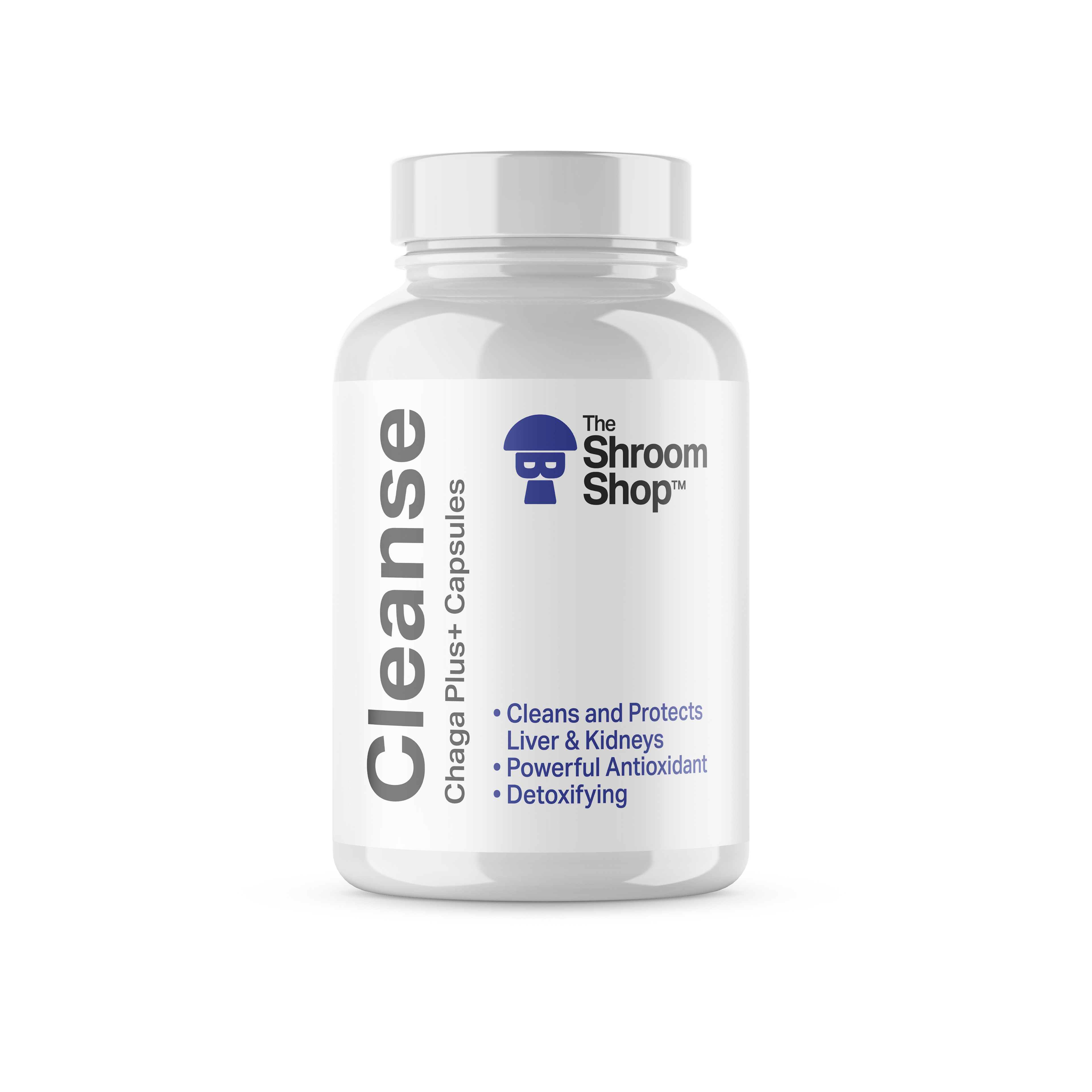 Supplement bottle labeled 'Cleanse' from The Shroom Shop on a white background