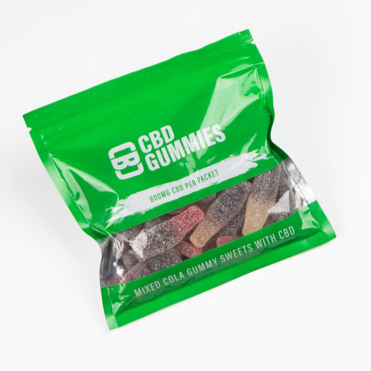 Green package of CBD Gummies with gummy sweets inside on a white background
