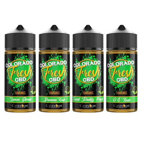 Four bottles of Colorado Fresh CBD with green and black labels on a white background